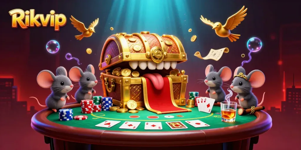 Engage in thrilling gameplay at Rikvip with dynamic 3D treasure chest and colorful poker elements.