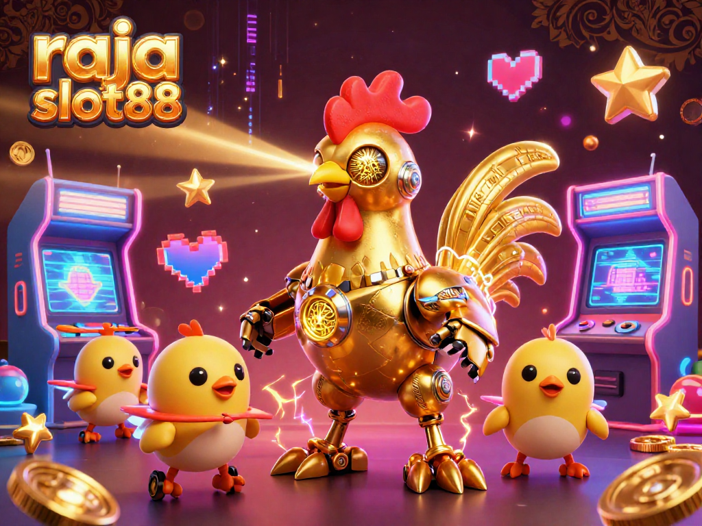 Engage in the excitement of raja slot88 with a vibrant 3D casino illustration featuring a golden rooster robot amidst vivid arcade game elements.