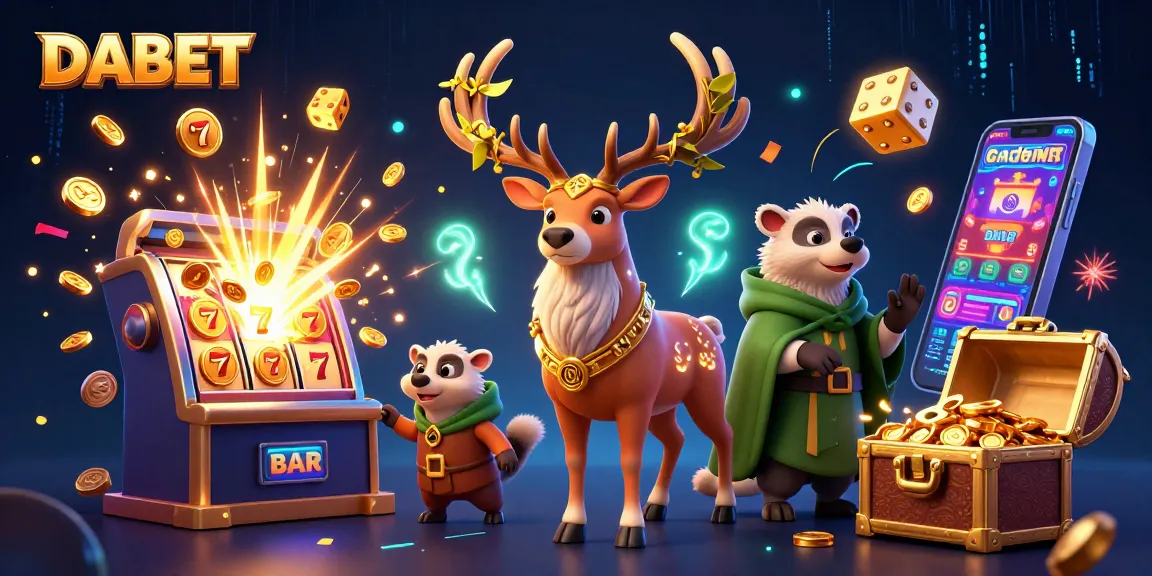 DABET illustrates a captivating scene with a druid stag, badger, and vibrant casino elements bursting with energy.
