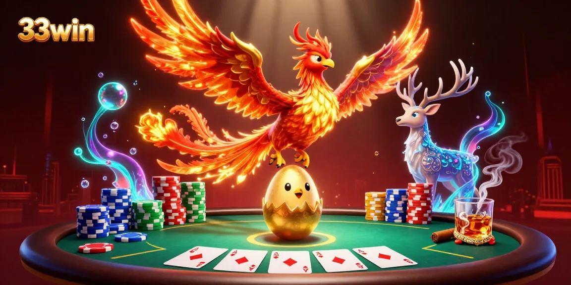 Experience the excitement of gambling with 33win featuring a mystical phoenix and vibrant poker scene