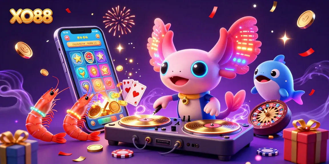 Experience the vibrant energy of XO88 as the axolotl DJ spins slots in a colorful casino underwater scene.
