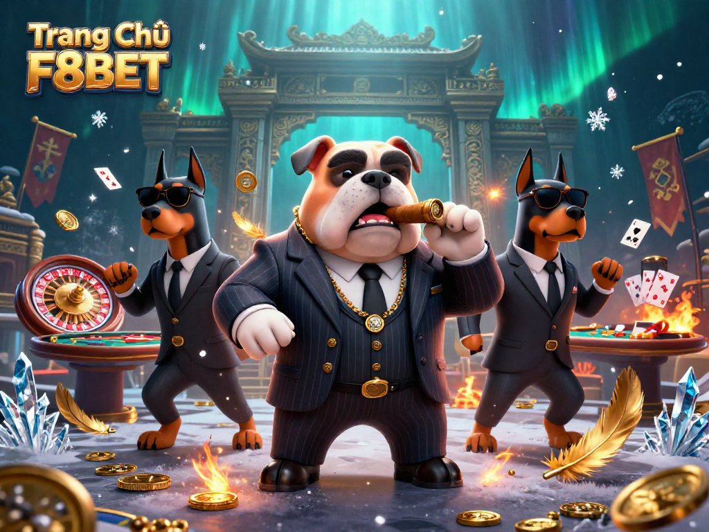 Engage with the thrilling world of Trang Chủ F8BET, featuring a mafia bulldog and bodyguards in a vibrant live casino setting.