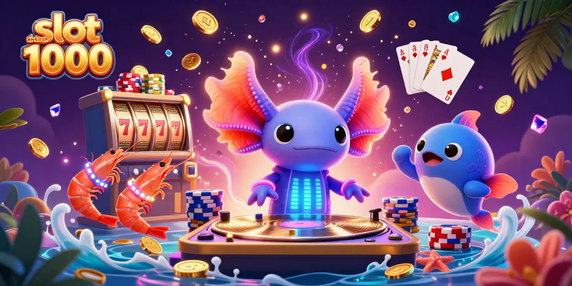 Experience the thrill of slot deposit 1000 with neon axolotl DJ and vibrant casino elements.