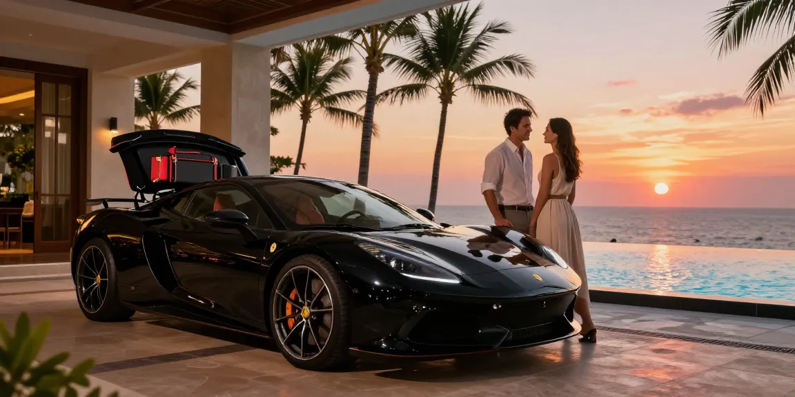 Mobil sport LUXURY 777 di depan resor mewah, pasangan berpakaian stylish menikmati suasana liburan.