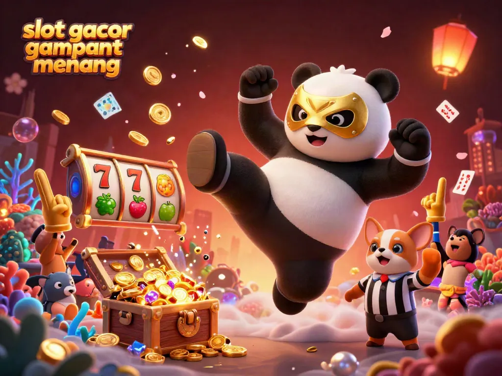 Experience the excitement of slot gacor gampang menang with a cartoon panda wrestler flying into action in a vibrant casino scene.