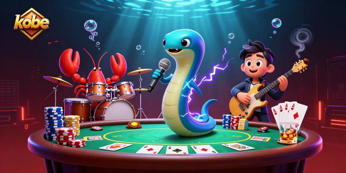 Kobe underwater casino scene featuring a DJ electric eel and band, with vibrant poker elements.
