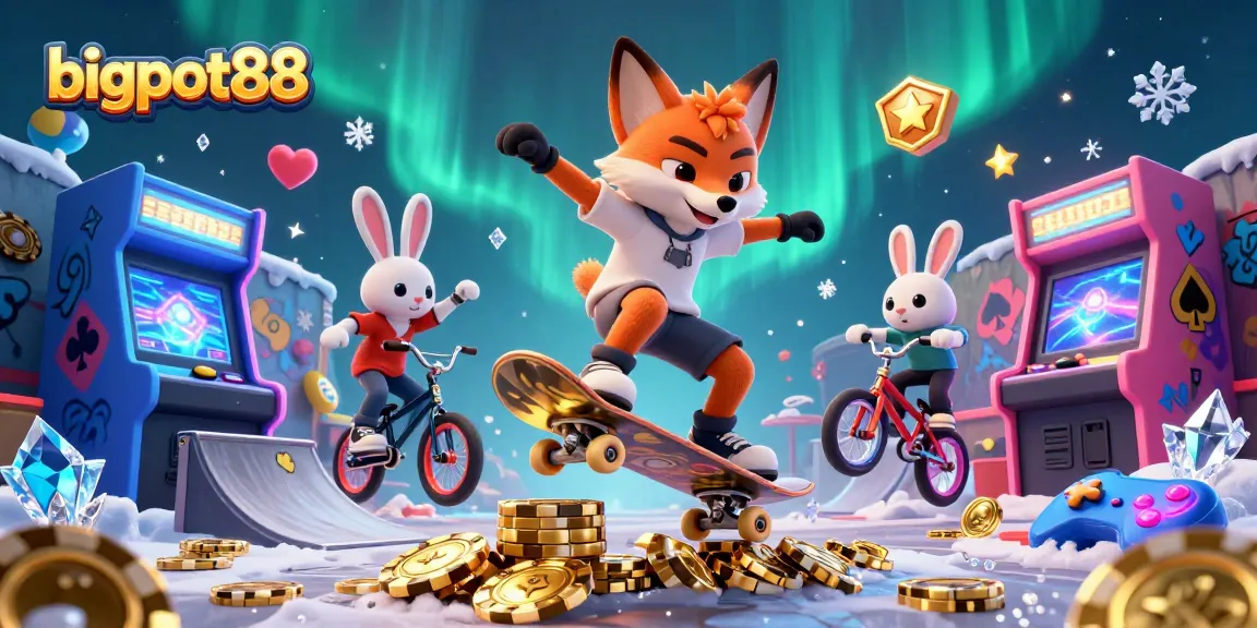 Experience bigpot88 action with a skateboarder fox and BMX rabbit in a vibrant casino-themed scene.