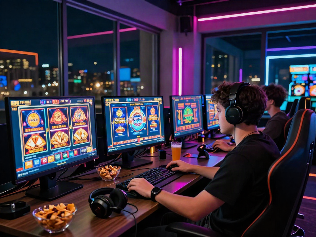 Player enjoying a slot deposit 5k gaming experience at a colorful, vibrant online gaming setup.