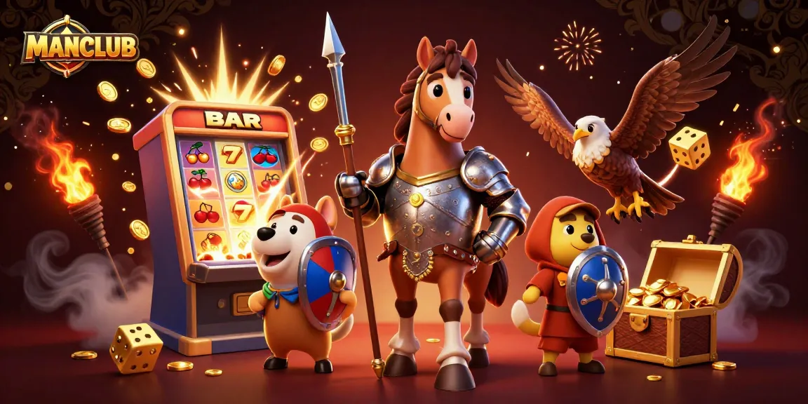 Win big with MANCLUB at the jackpot explosion featuring knights and vibrant casino elements