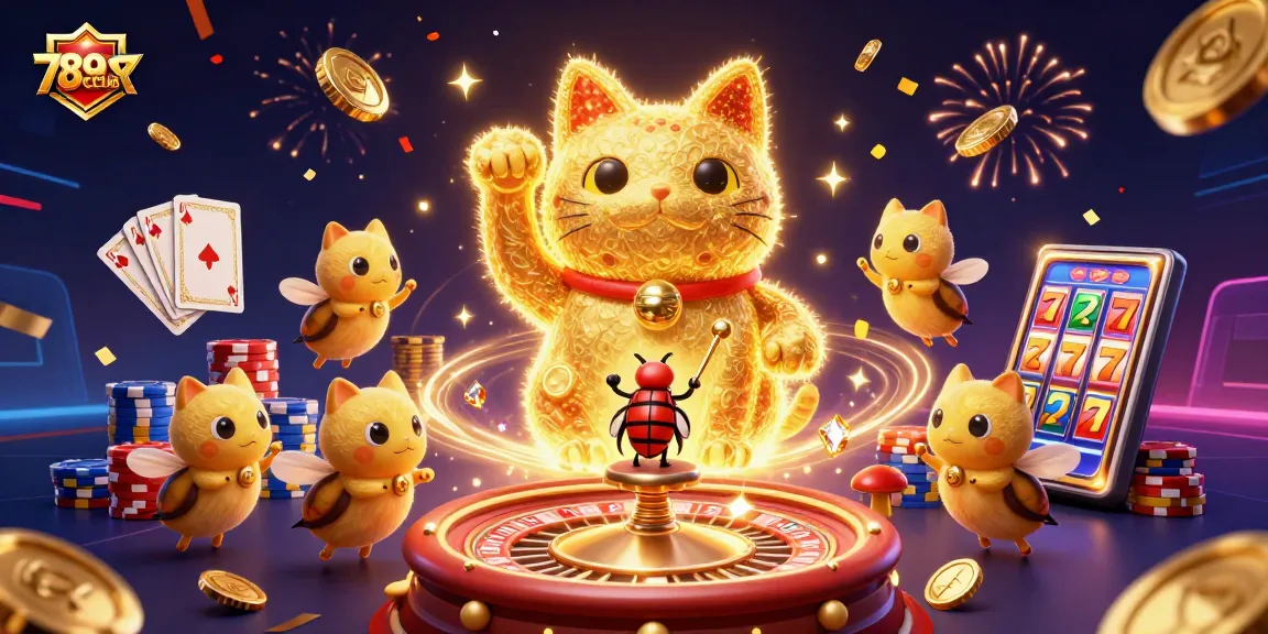 Experience the excitement of 789CLUB with vibrant illustrations of a lucky cat and casino elements creating winning possibilities.