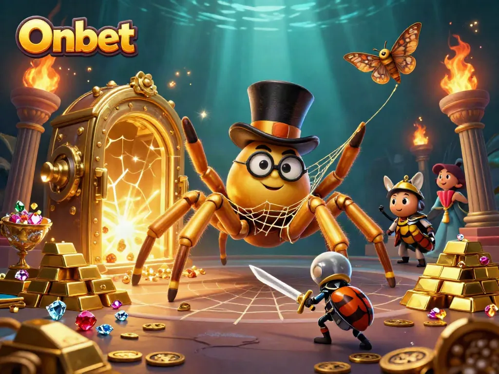 Experience thrilling wins at Onbet with an adventurous casino scene featuring vibrant characters and treasures.