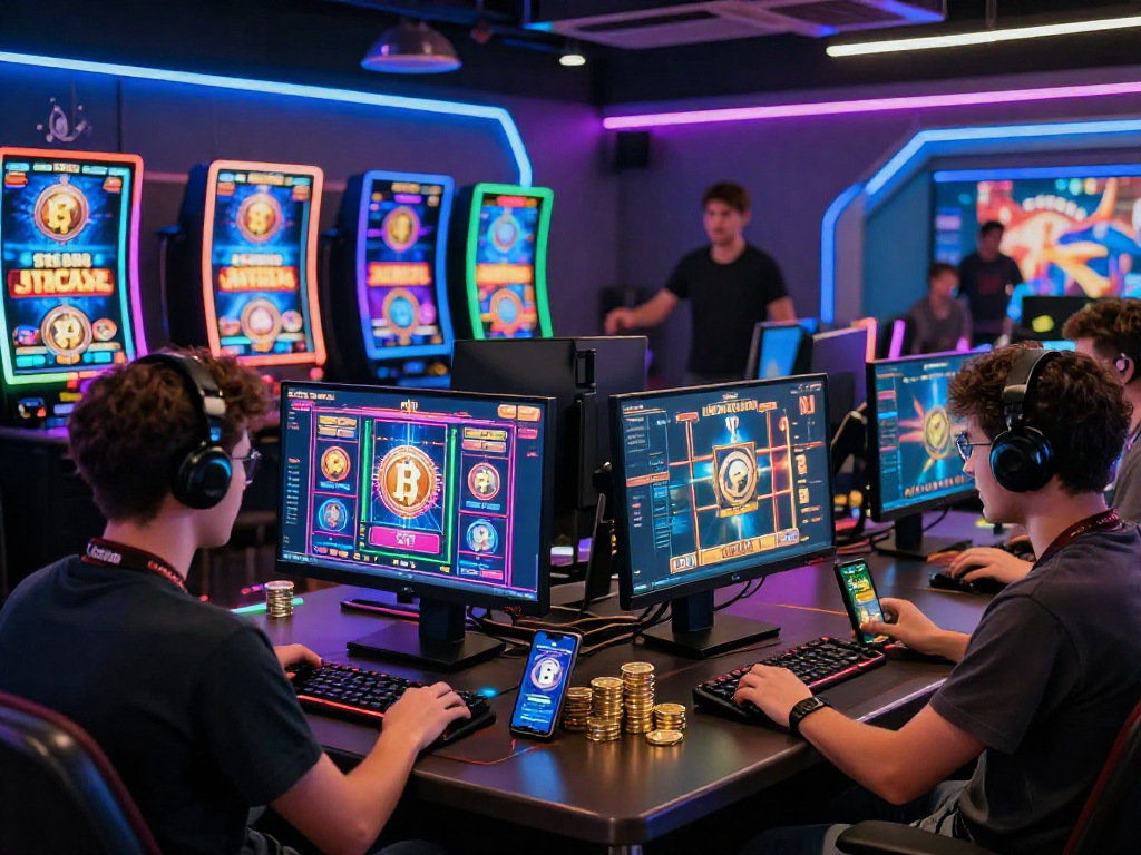 Crypto casino players enjoying immersive gaming experiences with colorful graphics and digital coins.