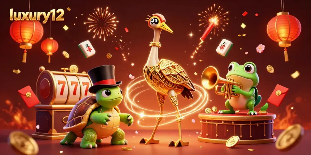 Experience luxury12's excitement with vibrant reels, characters, and celebratory elements in a dazzling casino scene.
