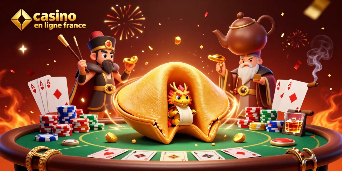 Visitez casino en ligne France avec un dragon sage explorant des cartes de poker dans une scène magique.