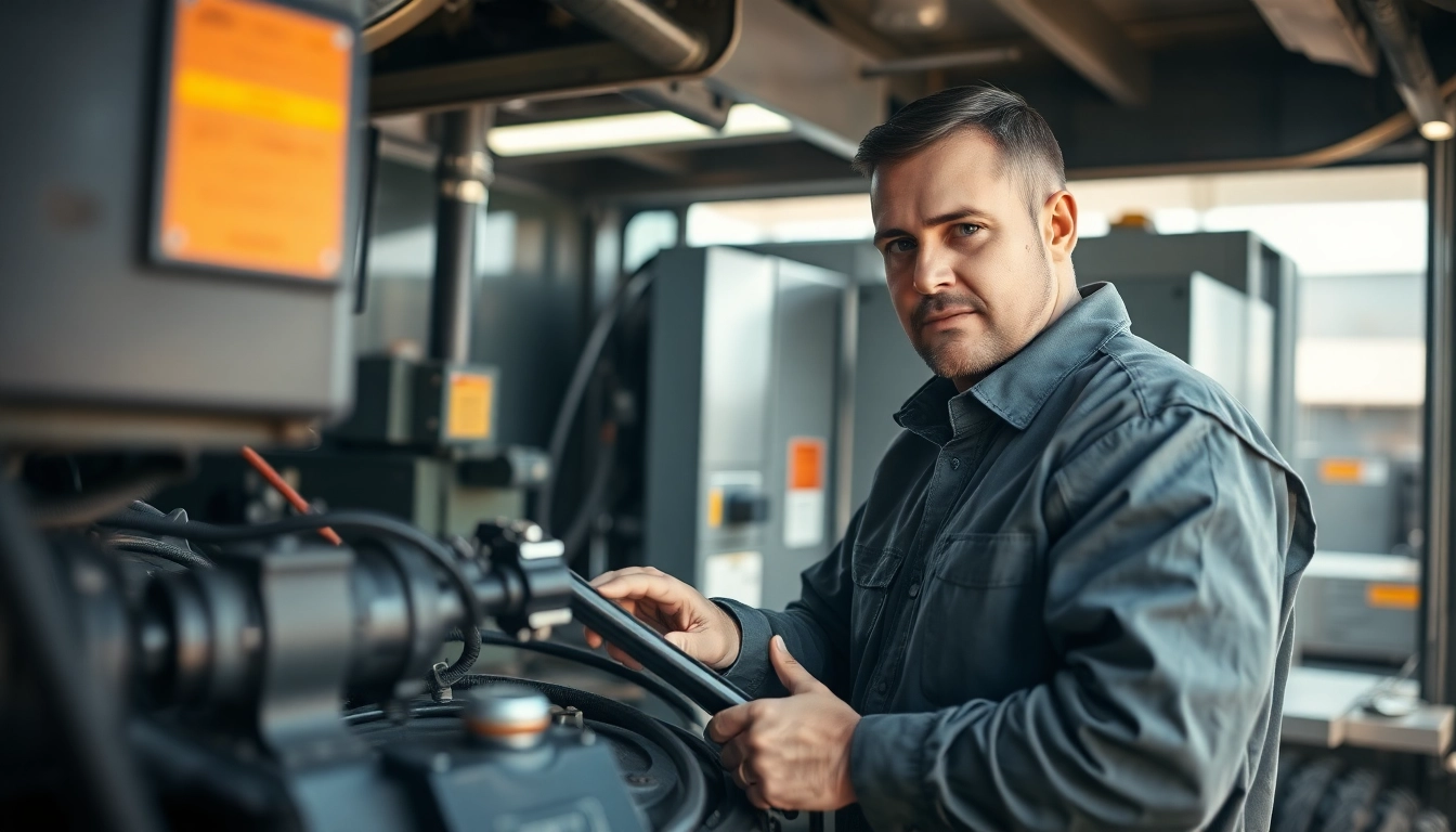 Mobile equipment service technician diagnosing heavy-duty vehicle issues outdoors.