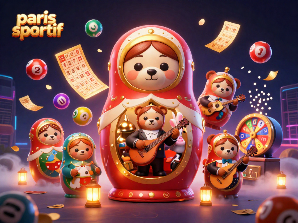 Placer des paris sportif dans un décor chamarré de loteries, avec des ours Matryoshka parieurs.