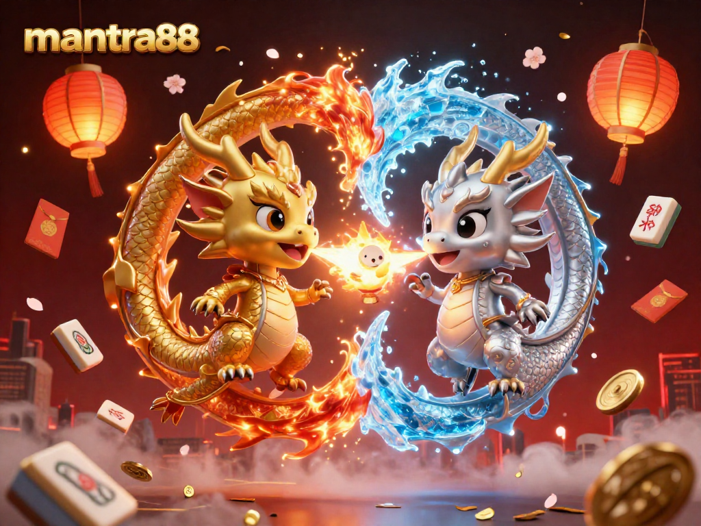 Engage with mantra88 offers in a vibrant 3D illustration of dragons and casino elements.