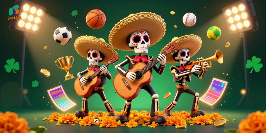 Celebrate with jun88ld's vibrant skeleton mariachi band in a 3D illustration filled with dynamic sports elements.