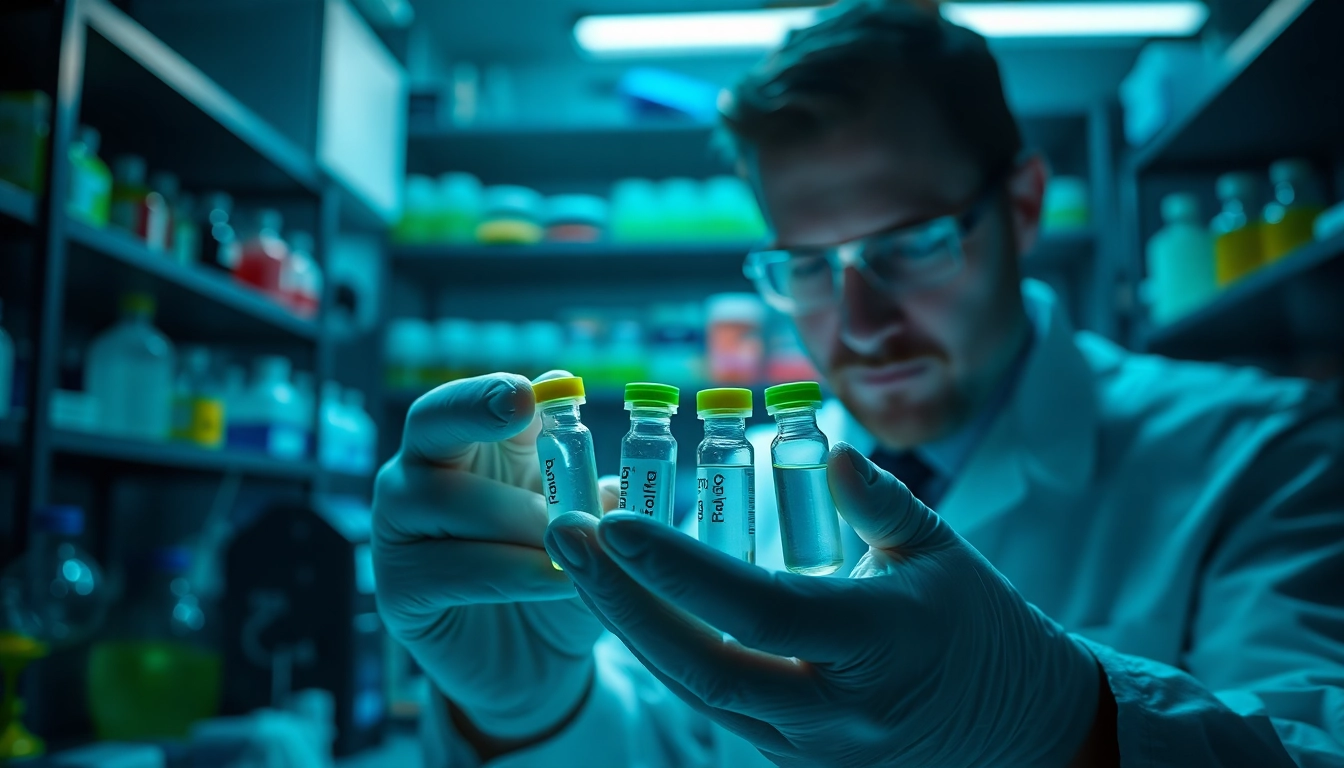 Scientist examining 5 amino 1mq peptide in a professional lab environment.