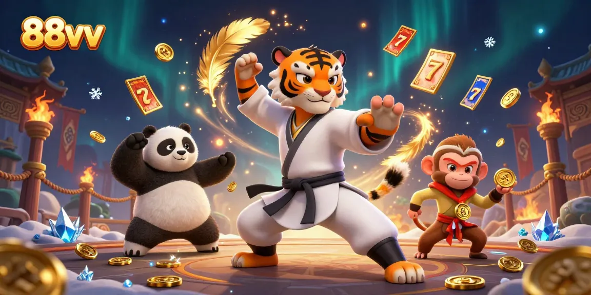 Engage with 88vv's vibrant casino scene featuring a kung fu tiger and playful characters