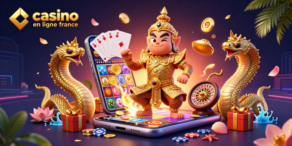 Jouer à des jeux de casino en ligne France avec des gardiens et serpent, ambiance festive.