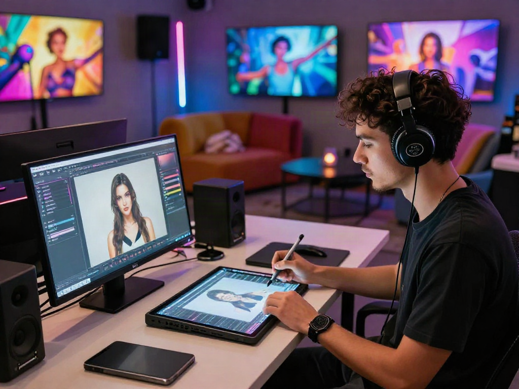 AI porn content creation in a modern studio with vibrant lighting and digital tools.