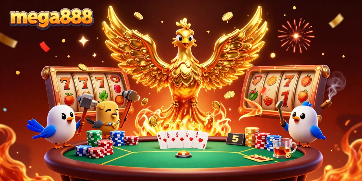 Experience the excitement of mega888 with a golden phoenix amidst vibrant casino elements.