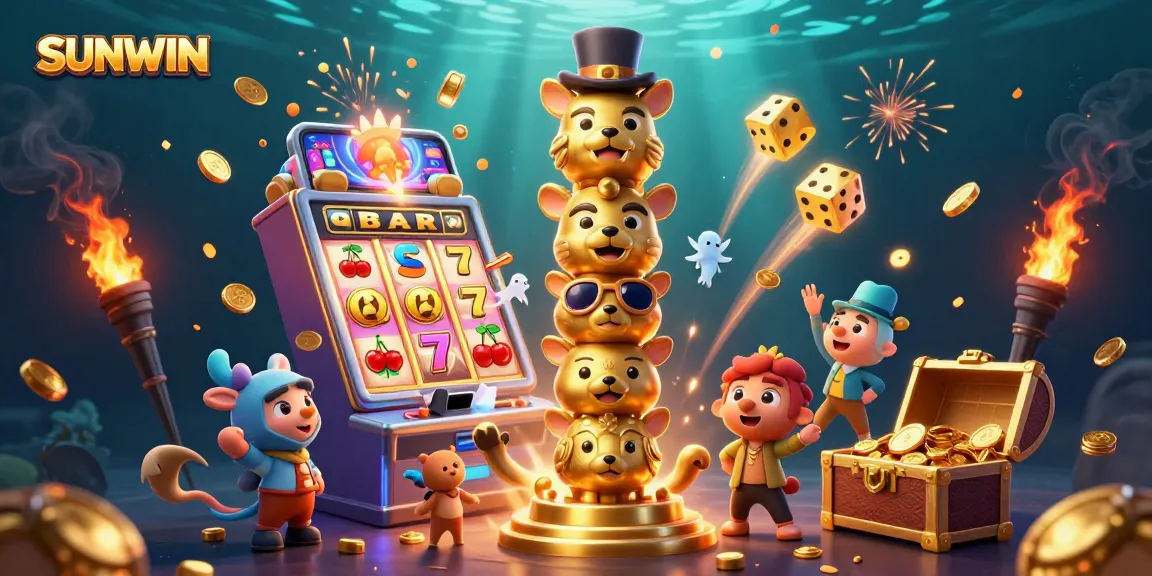 SUNWIN reveals a vibrant 3D illustration of a golden totem pole and slot machine eruption, embodying casino excitement.