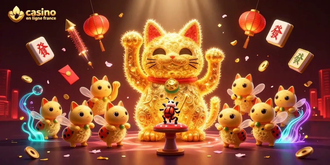 Jouez dans le meilleur casino en ligne France avec ce chat chanceux et des lanternes lumineuses.