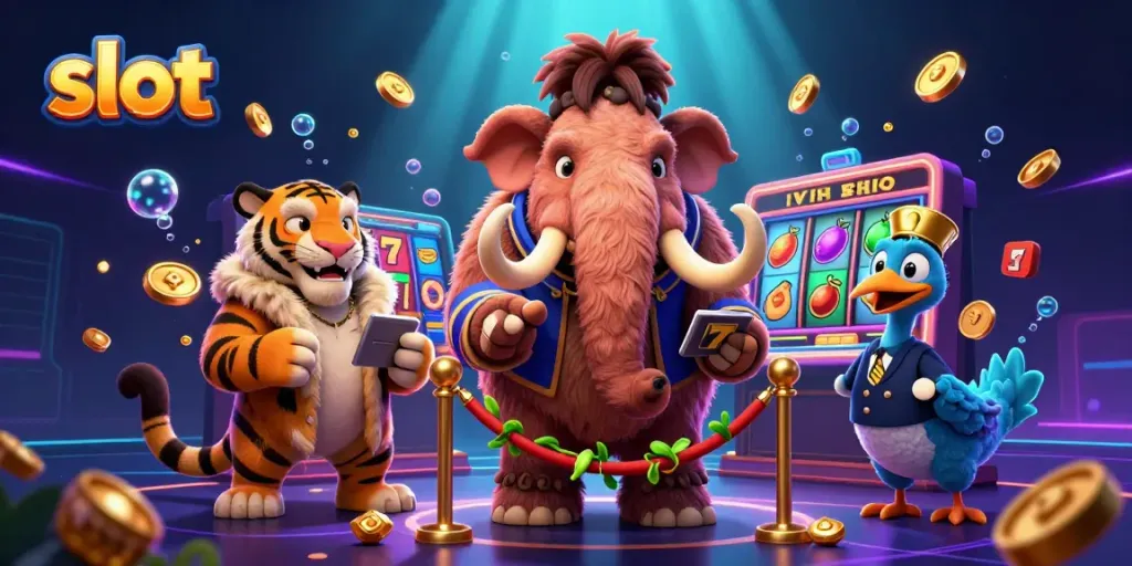 Slot menggoda, bouncer mammoth menerima VIP sambil dikelilingi simbol mesin slot berwarna-warni.