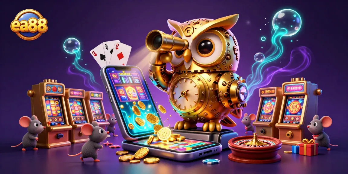 ea88 features a golden owl scanning a vibrant casino with coins and game elements erupting around.