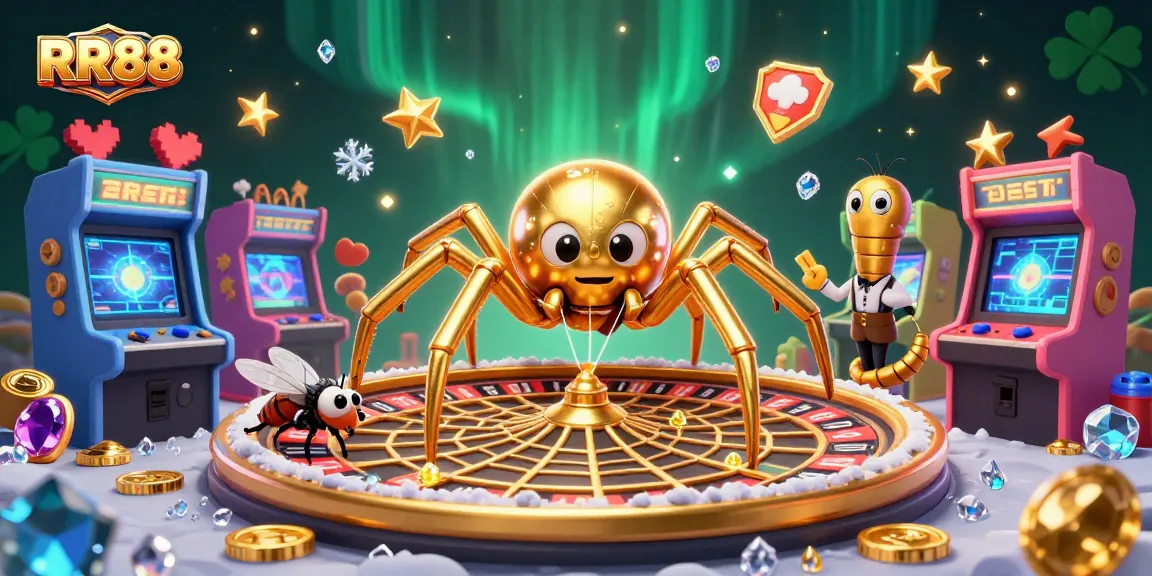 RR88 features a vibrant 3D scene with a golden spider and centipede croupier spinning a roulette wheel.