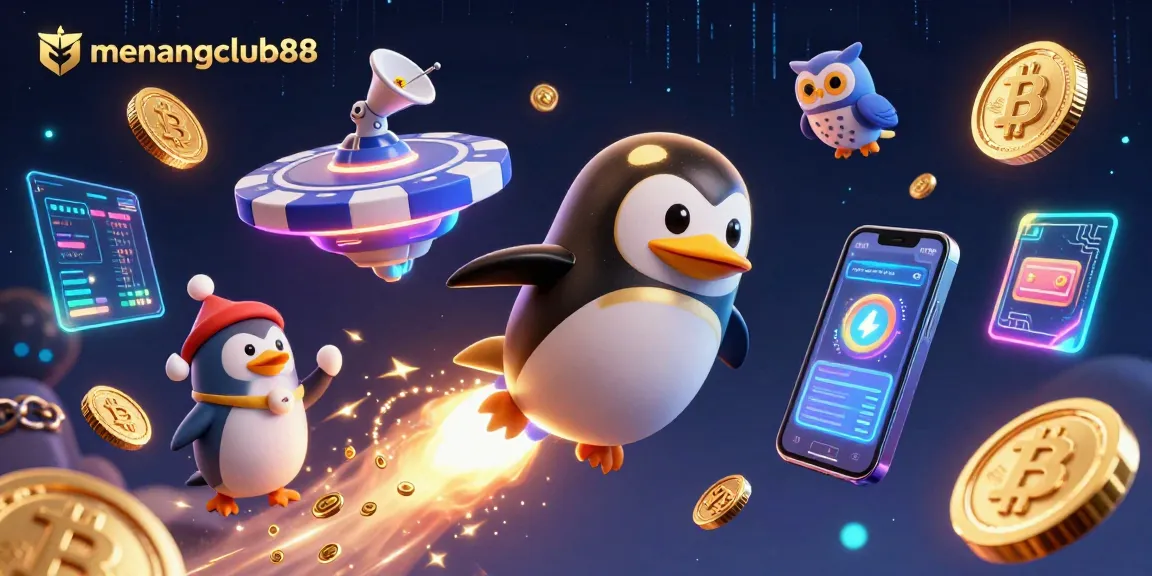 Experience the thrill of menangclub88 with a dynamic 3D penguin racing towards a casino, surrounded by glowing crypto elements.