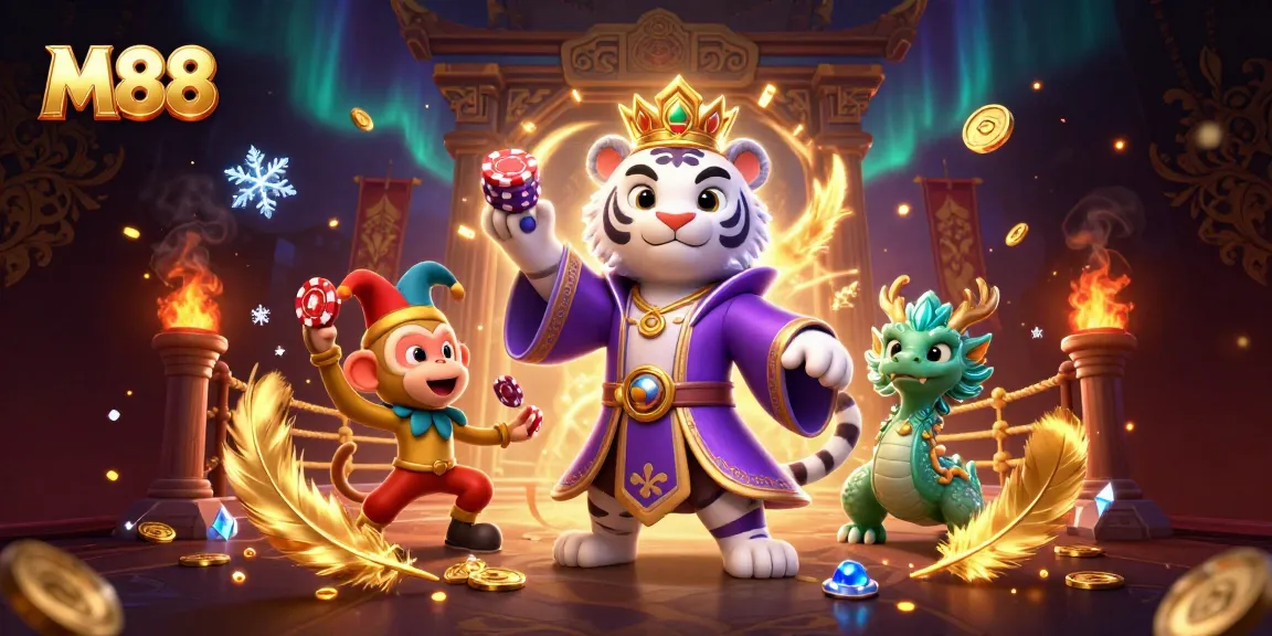 M88 captures the excitement of betting with vibrant characters and a dynamic casino scene.