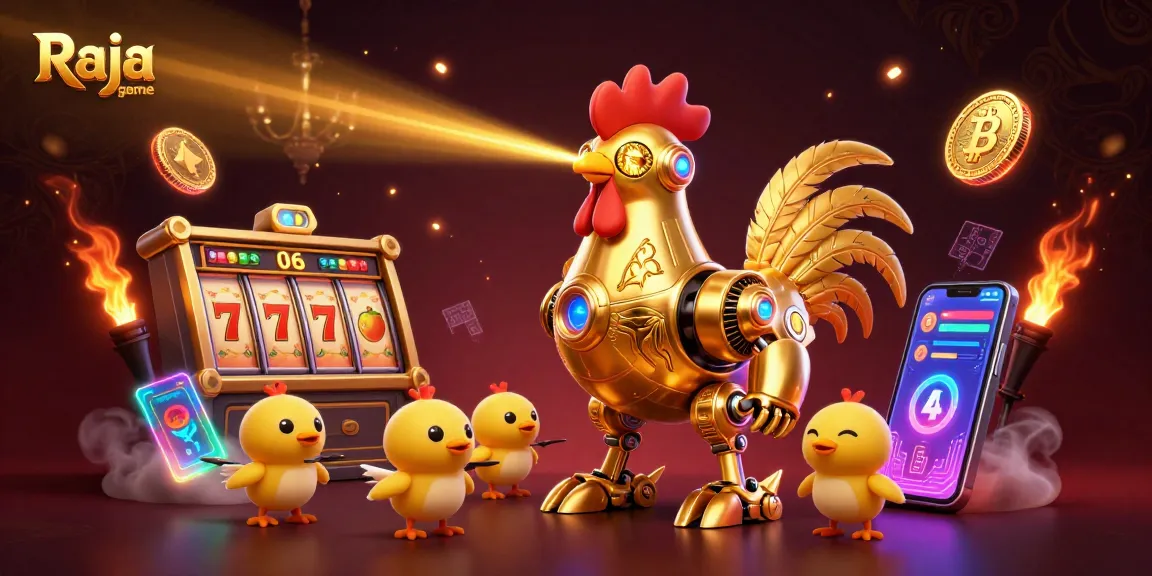 Play engaging games like Raja game with a vibrant 3D scene featuring golden rooster and crypto elements.