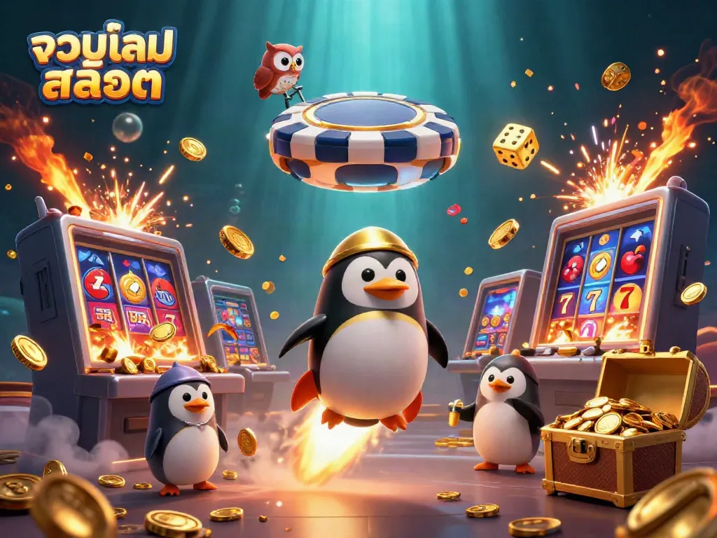 Experience the thrill of รวมเกมสล็อต with a golden penguin navigating a vibrant casino space, bursting with excitement.