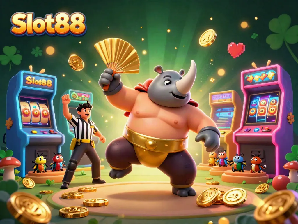 Experience exhilarating wins with Slot88 in a vibrant, action-packed casino scene featuring iconic characters and gaming elements.