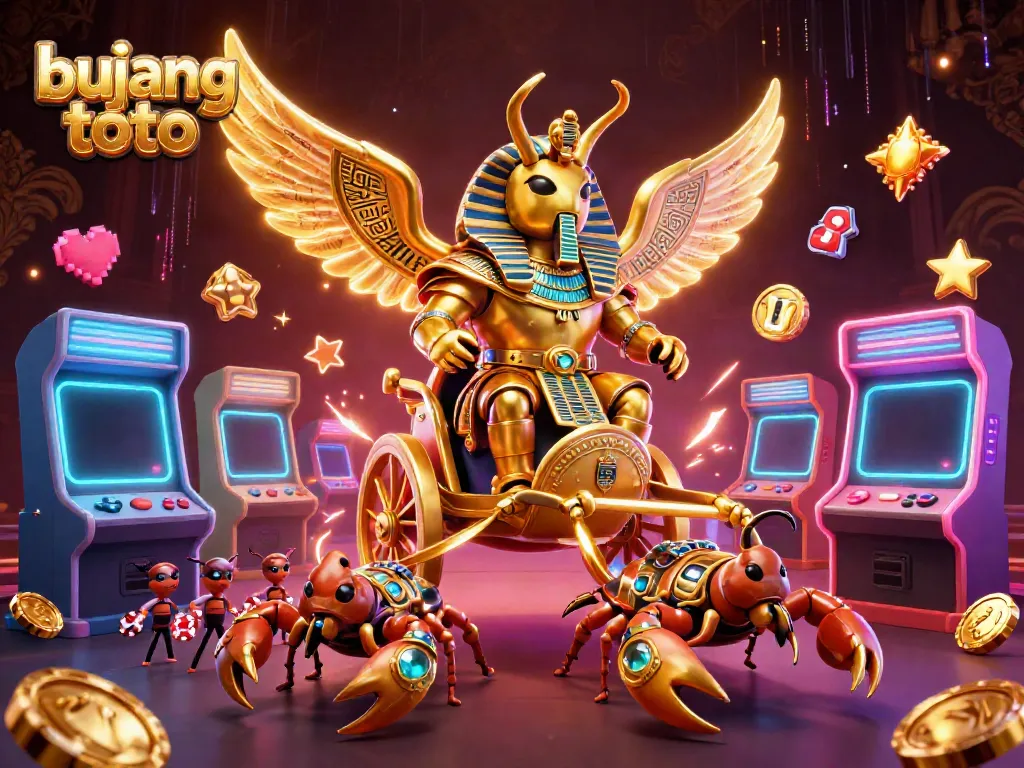 Engage with bujang toto through an exciting dynamic casino scene featuring a golden scarab and game elements.