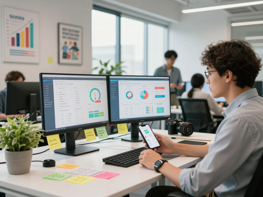 Buy app downloads with analytics displayed on screens in a modern office setting.