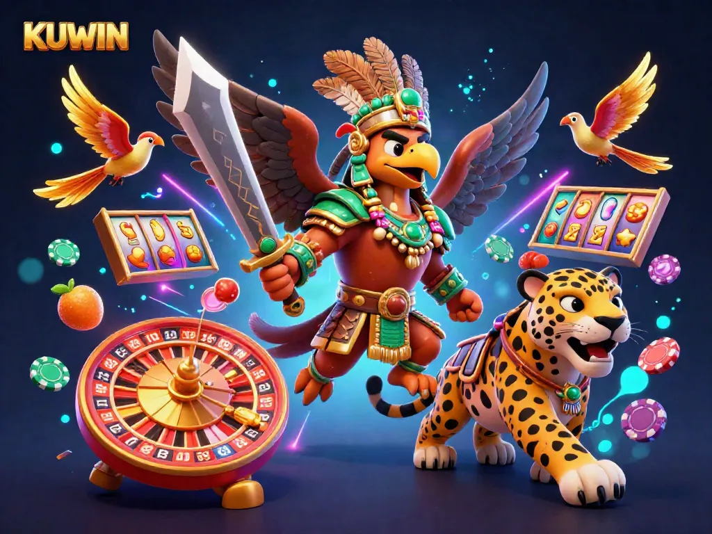 Play casino games with KUWIN as Aztec warriors surrounded by dynamic jackpot and slot elements.