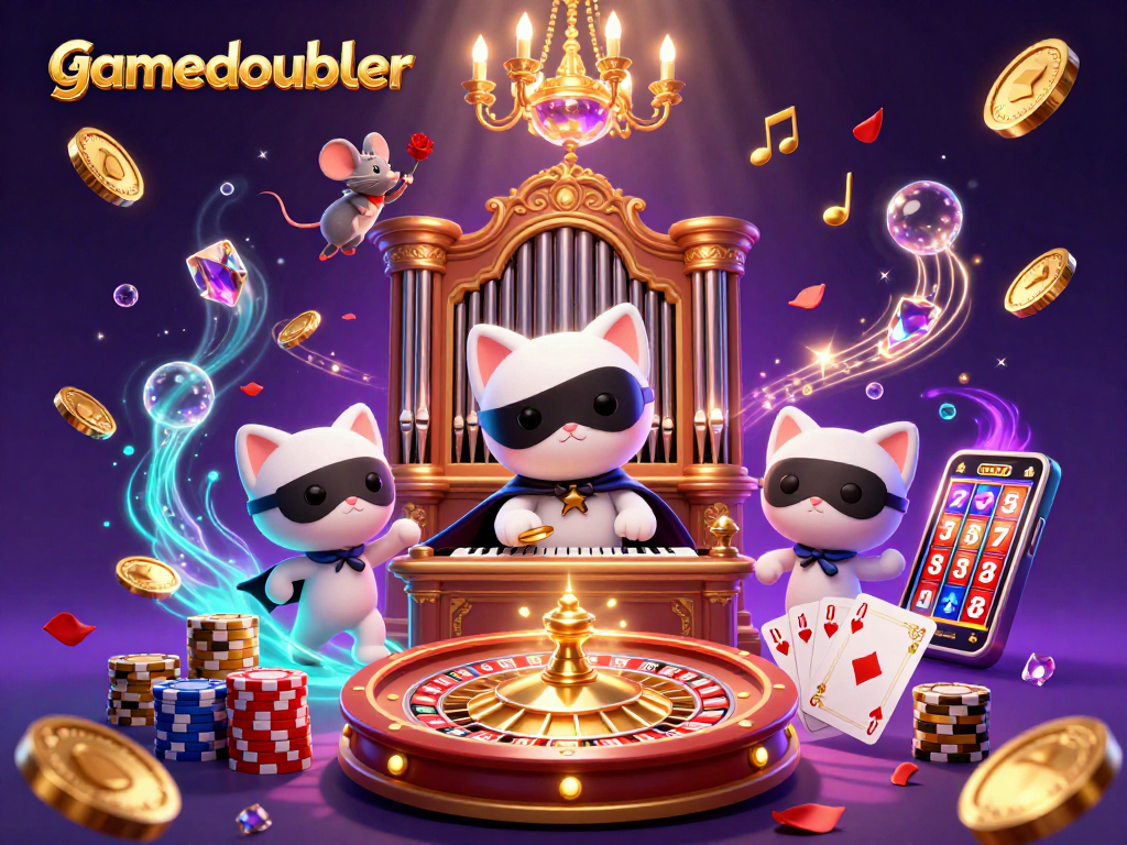 Engage with gamedoubler's enchanting casino world featuring a charismatic phantom cat and vibrant game elements.