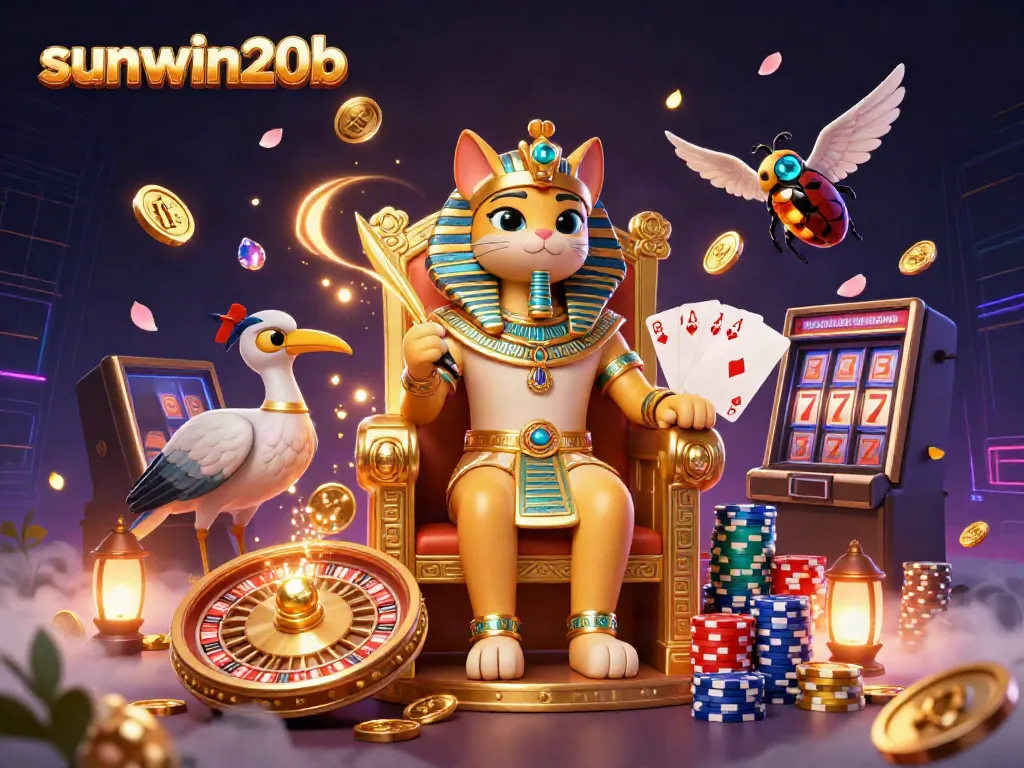 Engage with the sunwin20b casino experience featuring a pharaoh cat, golden coins, and poker elements.