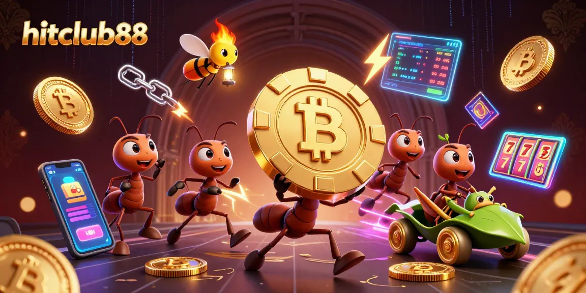 hitclub88 showcases a vibrant scene of 3D cartoon ants fleeing with a giant poker chip, surrounded by glowing crypto elements.