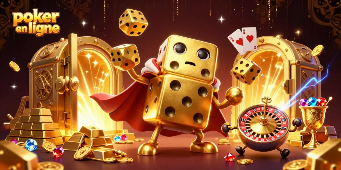 Jouez au poker en ligne avec une scène dynamique de dés dorés et de trésors brillants.