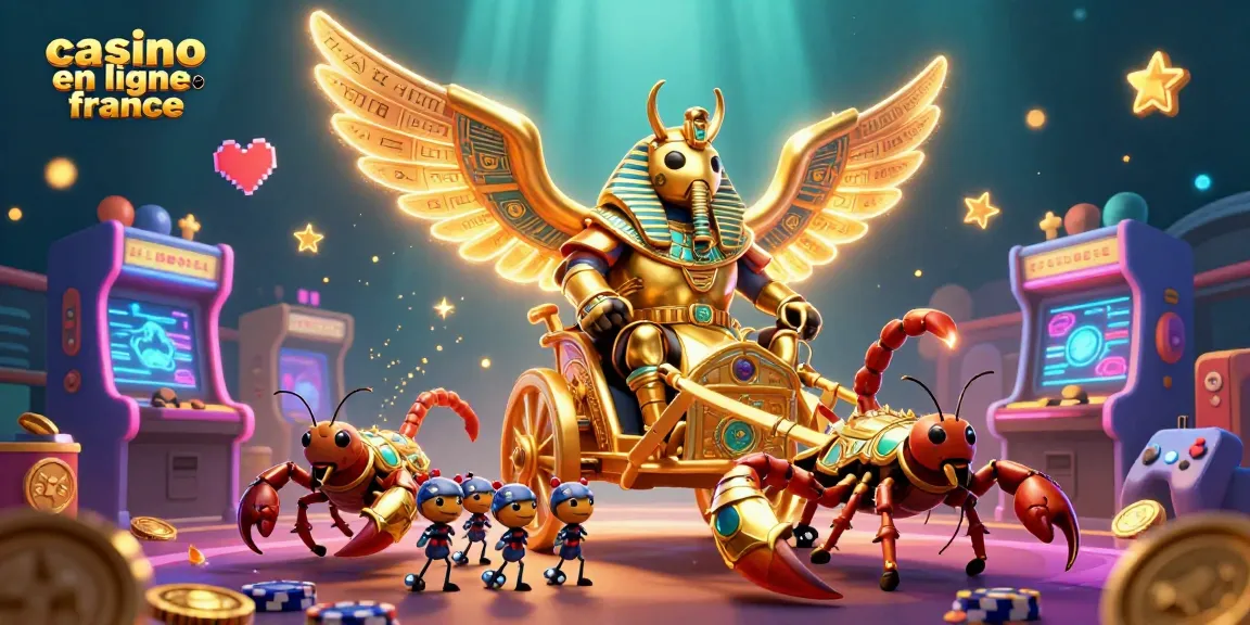 Une scène dynamique de jeu avec un scarabée en or et des scorpions portant des jetons de casino en ligne France.