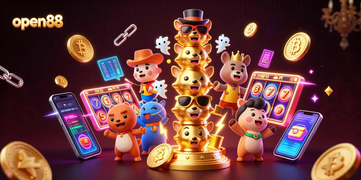 Join the fun at open88 with this vibrant casino-themed 3D illustration showcasing lively characters and gaming elements.