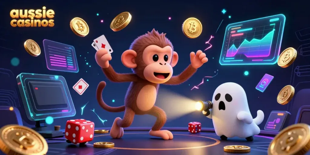 Experience the excitement of aussie casinos with a playful ghost monkey juggling golden coins and a curious puppy detective.