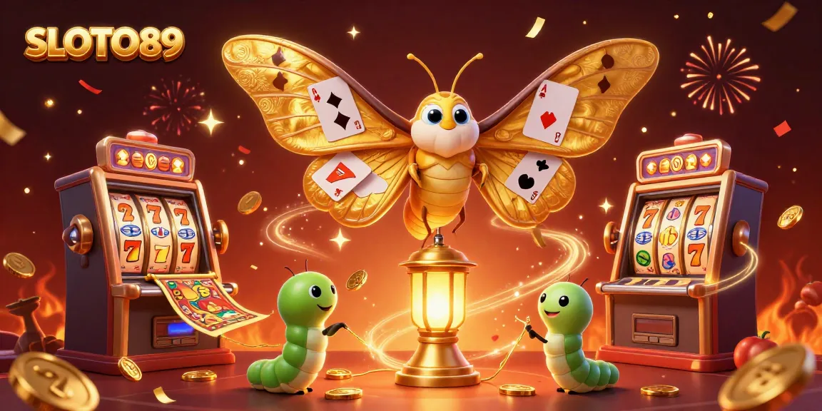 SLOTO89 showcases an enchanting 3D scene with a majestic golden moth, slot reels, and festive casino elements.