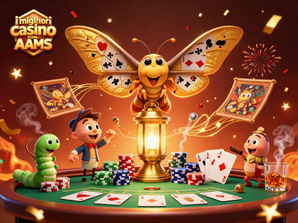 Giochi emozionanti nei migliori casino non AAMS con la falena d'oro e scene di poker vibranti.