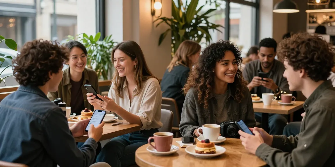 Singles in a café using the HundRoses dating app for genuine connections.